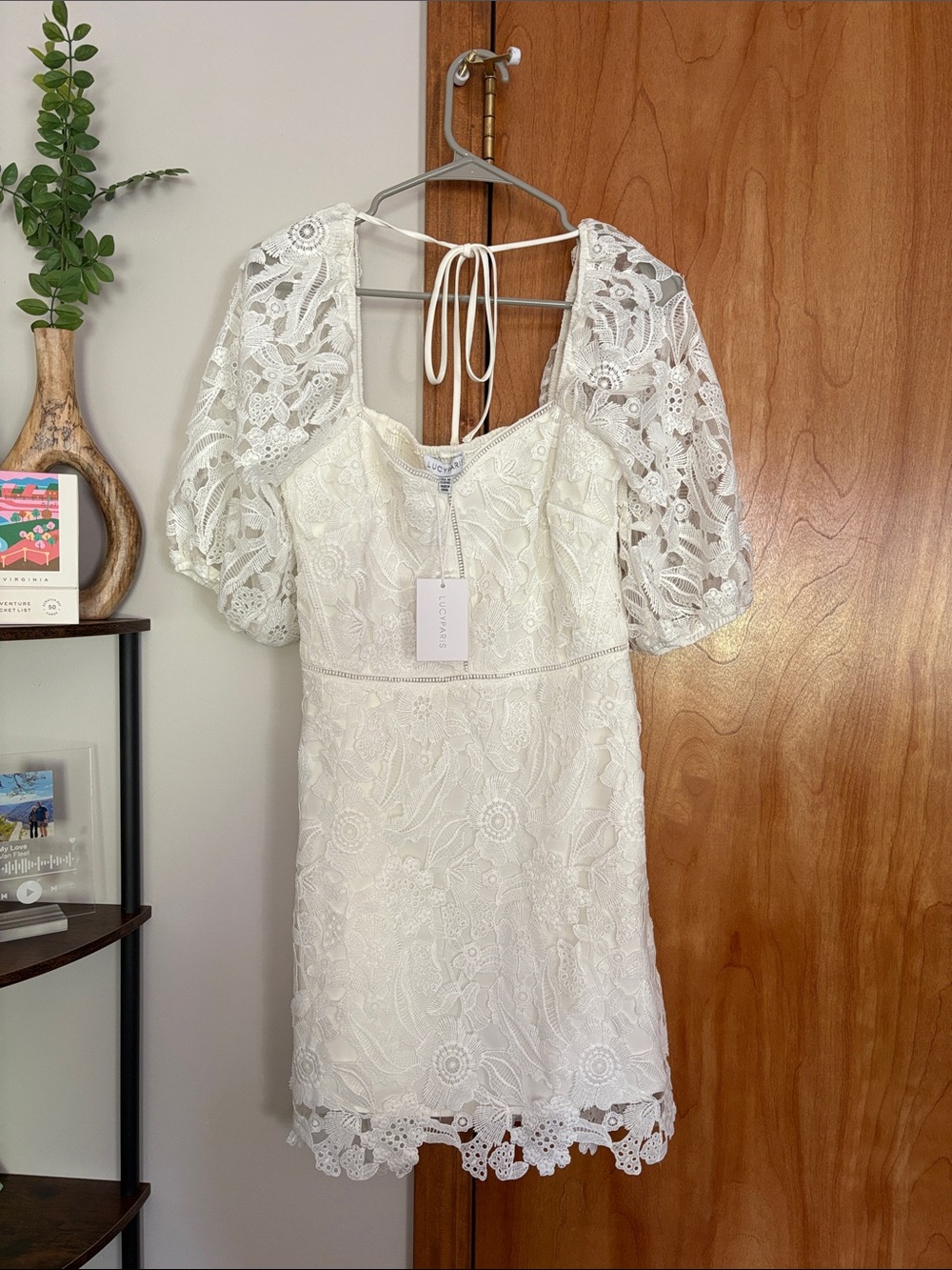 Lucy Paris White Lace Puff-Sleeve Mini Dress